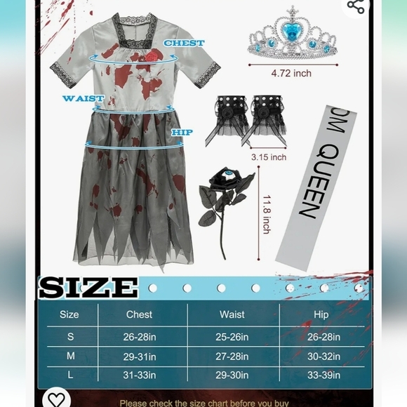Liitrish Zombie Prom Queen Costume Dress Crown Sash Rose Bracelet Size M 8-10yrs - Picture 8 of 8